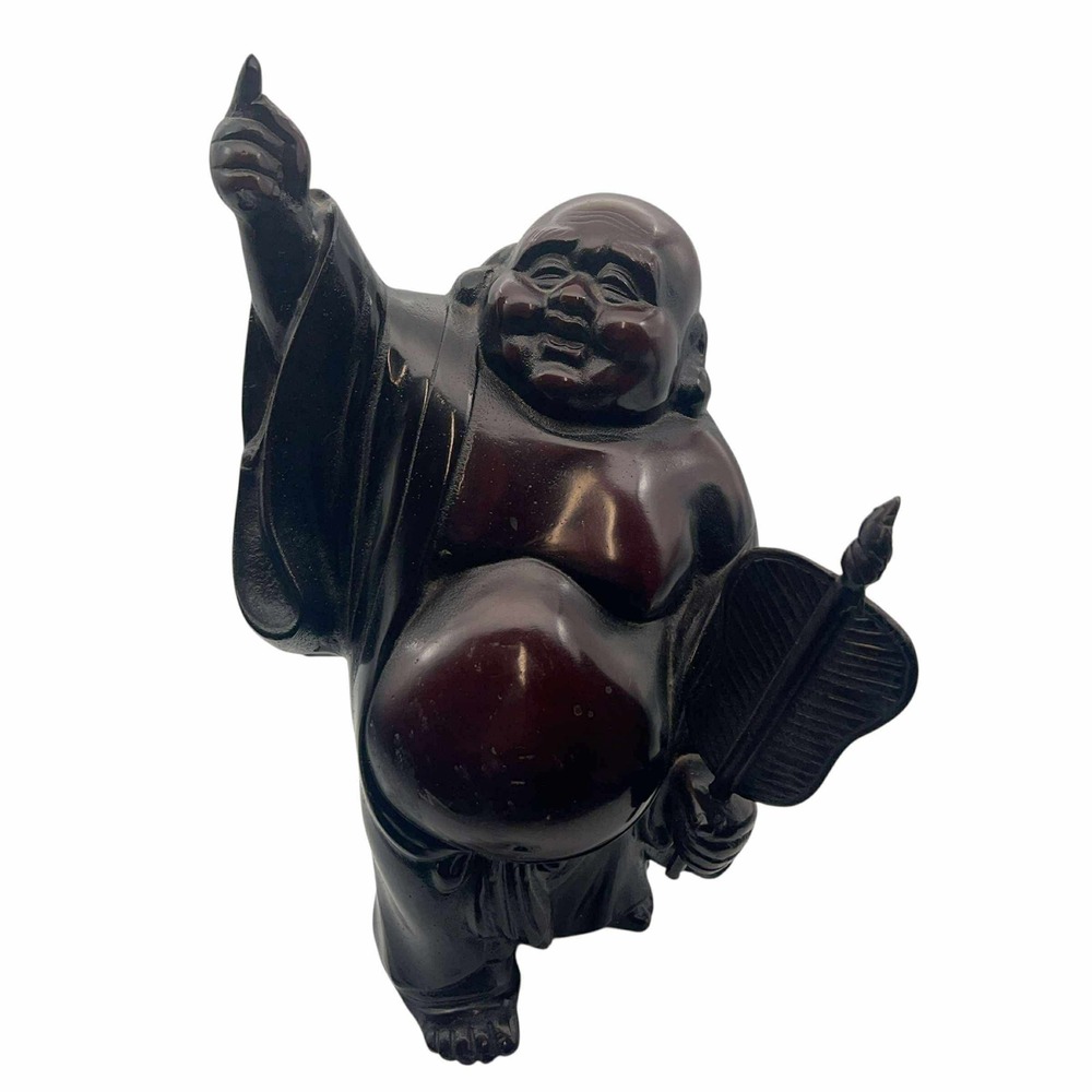 Rare antique Japanese painted bronze‎ Laughing Buddha Statue 12.55 lb Carved